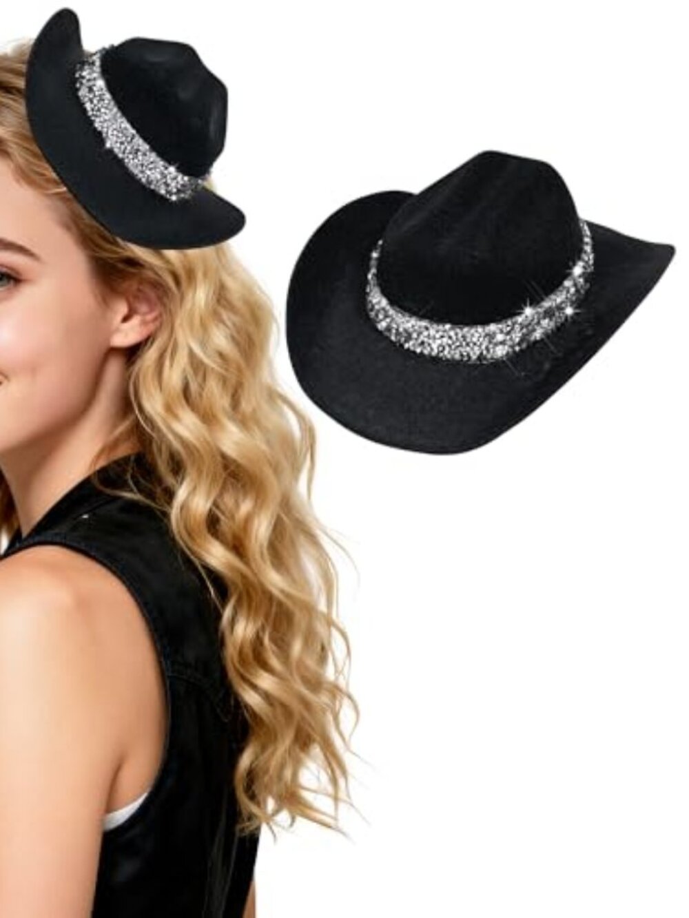 New - Cowboy Hat Hair Clip with Rhinestone Cowgirl Hat Clip for Disco Western